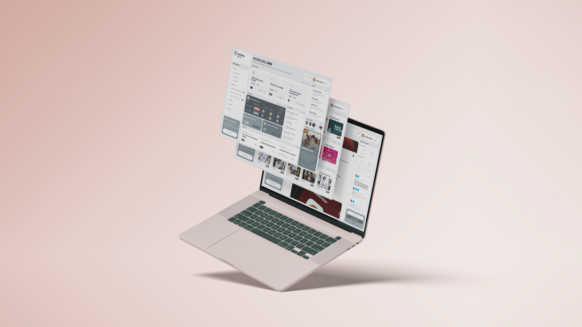 Smarketing CONNECT Hub vist på laptop med tre dashboard-skjermer som svever over