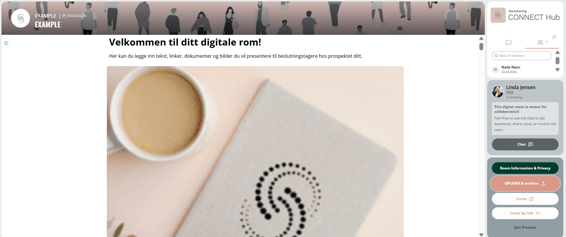 Digitalt rom i Smarketing CONNECT Hub med innhold, chat og inviterte beslutningstakere